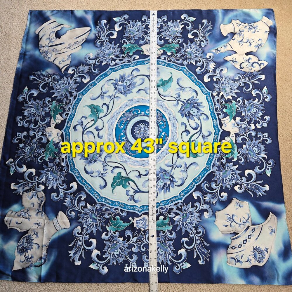 Large Silk Scarf Hand-Rolled Hems Blue - Picture 2 of 12